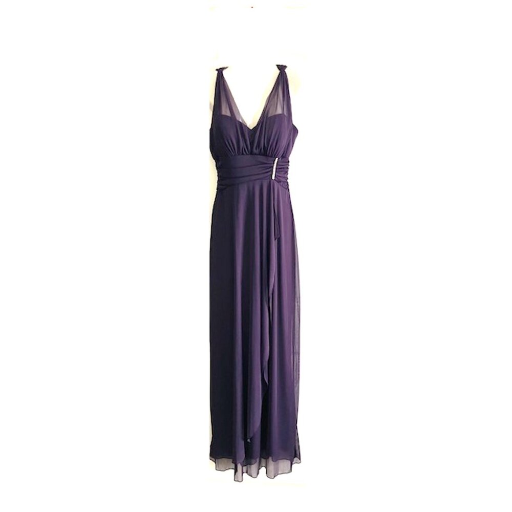 Betsy and Adam, by Linda Bernell Sleeveless High Low Ruffle Gown, Purple, size 6